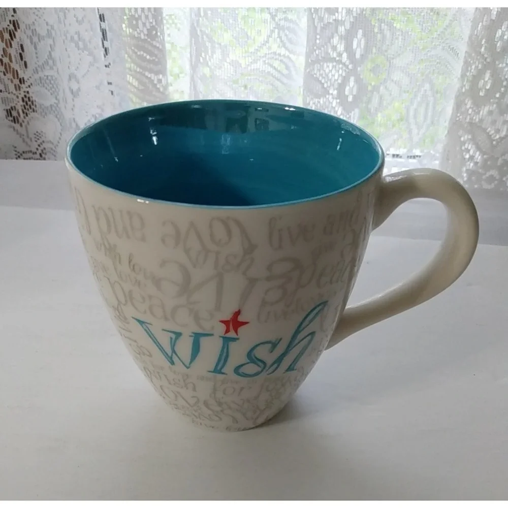 Starbucks 2005 Christmas Wish Holiday white teal gray Peace Live Love Coffee Mug